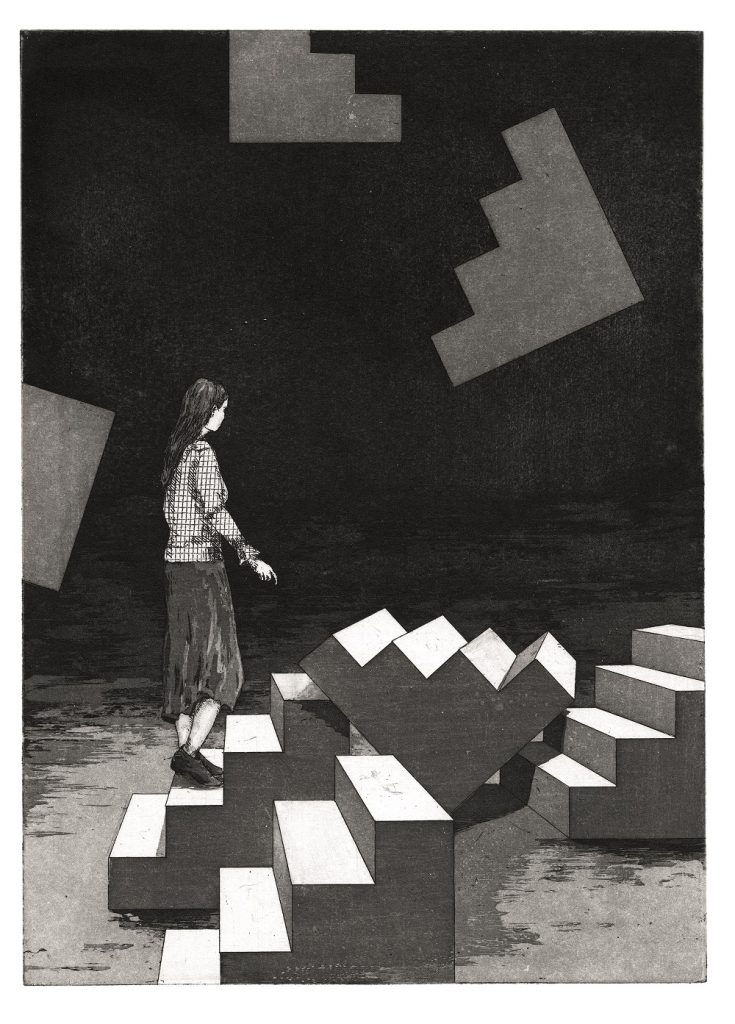 Karin Brosa l Falling blocks, 2021, Radierung l 40 x 30 cm